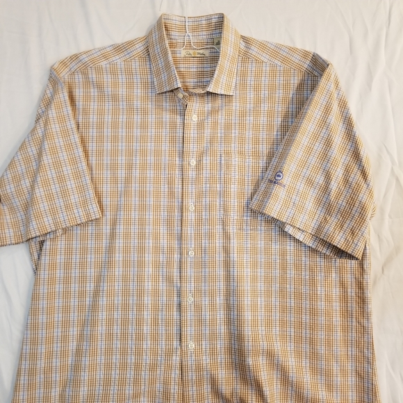 Peter Millar Short Sleeve Button Up Shirt Tan Blue Check Plaid XL - Picture 6 of 16